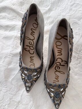 Sam Edelman Beaded Pointed Toe Heels in Gray and Blue